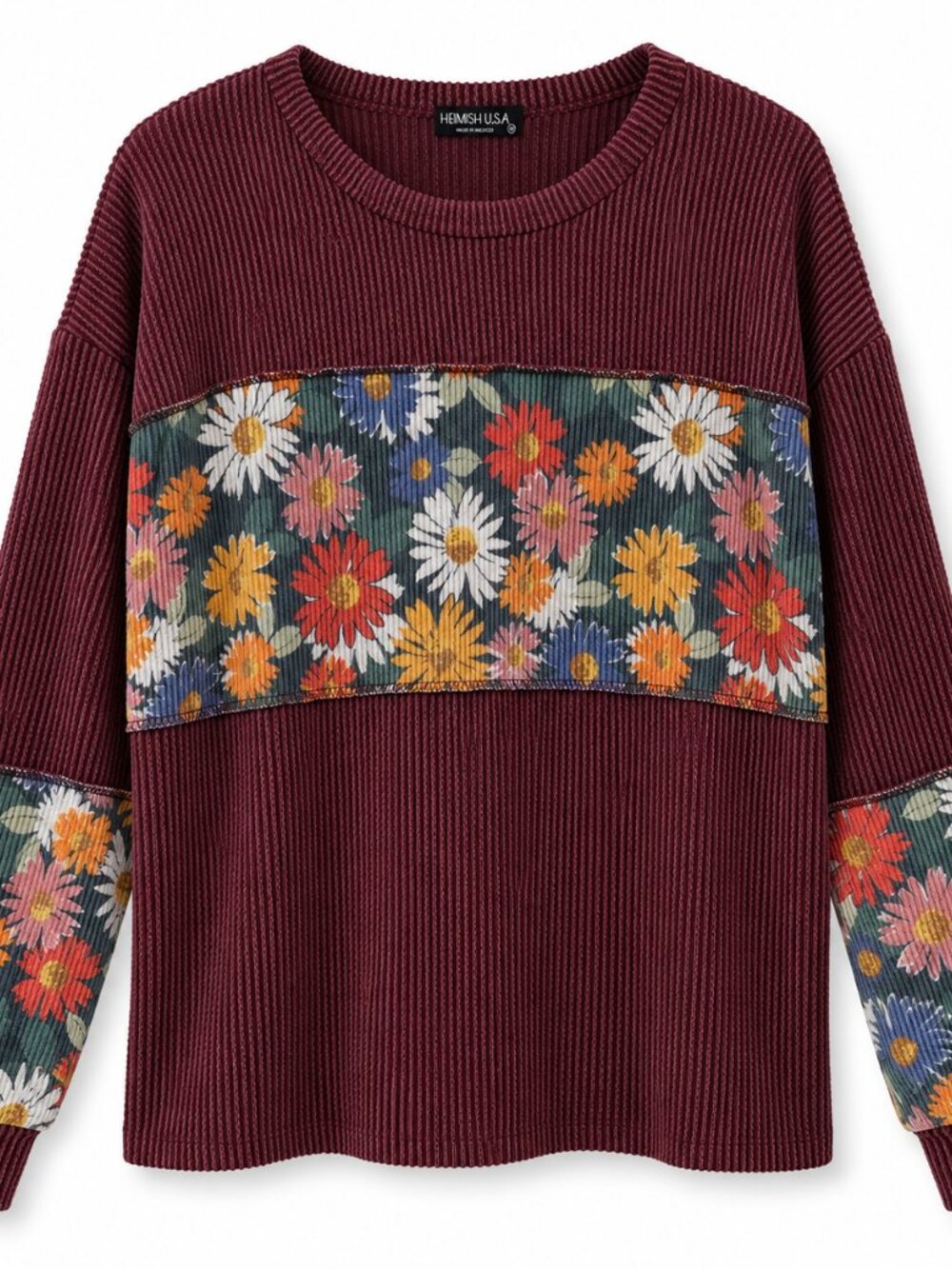 Heimish U.S.A Burgundy Ribbed Floral Colorblock Long Sleeve Top Size M Boho Fall